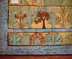 Træer, kaktus og planter i et religiøst maleri af det hvælvede gravkammer i Sennedjem (No