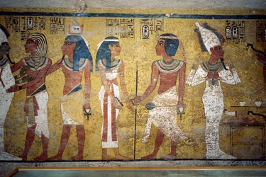 Tutankhamon foran Osiris, farao foran gudinden Nut og Ay, der udfører mundåbningsceremonien, fresko, væg i gravkammer, Tutankhamons grav, Kongernes Dal, Theben, Egypten. Egyptisk civilisation, Det Nye Rige, Dynasti XVIII