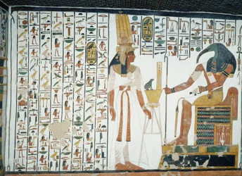 Kapitel 94 i De dødes Bog, Nefertari stående foran guden Thoth, den ibis-hovedet skriver, fresko, nordvæg, østsidekammer, Nefertaris grav (QV66), Queens Valley, Theben. Egyptisk civilisation, New Kingdom, Dynasti XIX.