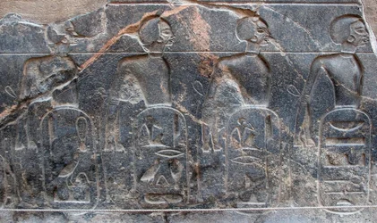 Egyptisk antikvitet: detalje af et relief, der dekorerer emblemerne i de områder, der er erobret af farao Ramses II (1292-1186 f.Kr.). Tempel i Luxor. Østbredden (Theben), Egypten