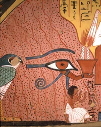 Egyptisk antikvitet: "" håndværkeren Pached (eller Pashedou eller Pachedou eller Pashed eller Pashedu) knæler i tilbedelse nær ham, Horus Oudjats øje""" Fresko af Pachedous grav, Deir, el Medinet, Egypten