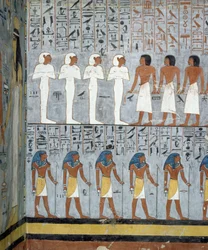 Mumier og mandlige figurer, detalje fra freskoer i gravkammeret i Ramses I
