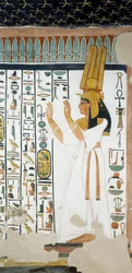 Nefertari foran den første dør til Kongeriget Osiris, løfter sine arme i et tegn på tilbedelse, fresko, gravkammer, Nefertaris grav (QV66), Queens Valley, Theben. Egyptisk civilisation, New Kingdom, Dynasti XIX.