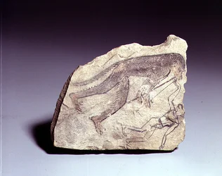 Ostracon med en figur af en abe, der spiller på fløjte, New Kingdom (malet kalksten)