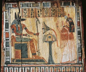 Bemalet trææske, der forestiller en afdød og guden Anubi, til shabtis af Tamutnofret