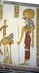 Egypten, Theben, Luxor, Kongernes Dal, Prins Mentuherkhepeshefs grav, vægmaleri af kattehovedgudinden Bastet, 20. dynasti