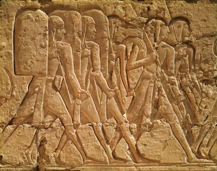 Relief, der viser tjenere, der bærer reb og våben, fra Ramses III