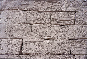 Havfolket, søslaget ved Ramses III, Medinet Habu, sten fra 1195-64 f.Kr.
