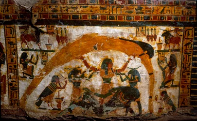 Egyptisk antikvitet: sarkofag af malet træ af Boutehamon (Butehamon), kongelig skriver. Fra Theben. 21. dynasti. 990-970 f.Kr. Detalje, der repræsenterer verdens skabelse. Torino, egyptisk museum