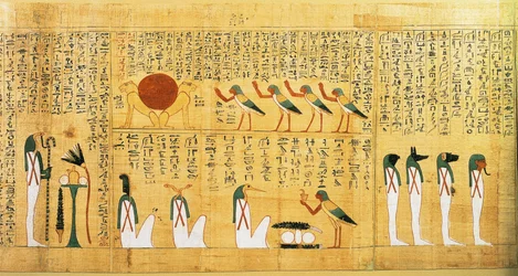 Mytologisk papyrus af Imenemsauf, hovedbærer af Amon. Detalje: hymne til solen afbildet som to løver
