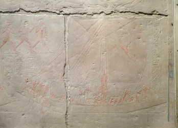 Relief, der viser en bådrejse, fra Mastaba i Akhethotep, Det gamle kongerige, ca. 2400 f.Kr. (malet kalksten)