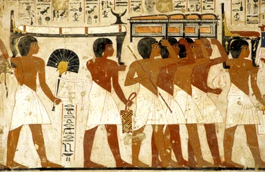 Det gamle Egypten, maleri, begravelsesoptog, Ramoses grav, mænd der bærer skatte, Theben, De Nobles Dal