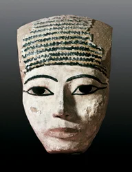 Det gamle Egypten: Portræt af en egyptisk sarkofag. 17.-12. århundrede af JC. Polykrom træudskæring. Monistrol of Montserrat, Montserrat Museum.