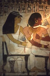 Det gamle Egypten, Vægmaleri, Sennufers grav, Theben, Sennufer og hans søster Merit holder lotusblomster, Sennufer, borgmester i Theben og opsynsmand under farao Amenophis II