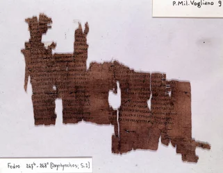 Litterær papyrus: "Phedrus" af Platon (-428; -348), græsk filosof. Universitetet i Milano, Institut for Papyrologi