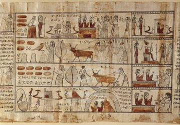 Egyptisk antikvitet: Elysees-markerne. Maleri på papyrus fra Dødebogen. Ptolemæisk periode Torino, egyptisk museum - Det gamle Egypten: de elysiske marker. Maleri på papyrus fra Dødebogen. Ptolemæisk periode. Egyptisk museum, Torino, It