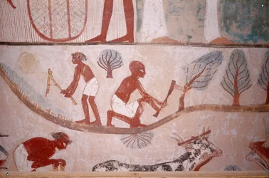 Landbrugsscene (slåning og træskæring), fra den skriftkloge Mennas grav, Egypten, Sheikh Abd el-Qurna, De Adliges Dal