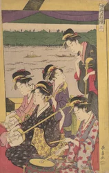 En fest af Geisha i en Suzumi-bune, dvs. afkølingsbåd. Anden scene af en båd..., ca. 1796.