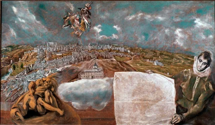 Udsigt over byen Toledo (Toledo) i Spanien og flyet nedenfor til højre Maleri af Domenikos Theotokopoulos dit El Greco (1541-1614) 1608-1614 Søn. 132x228 cm Toledo Museum of Greco