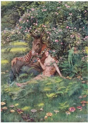 Bottom og Titania: "Kom og sæt dig ned på dette blomsterbed" (litho)