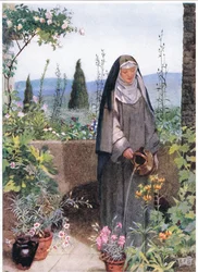 St Clare i haven til det kloster, hun grundlagde (litho)