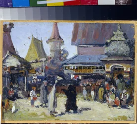 Prinsens hof. (Fyrsteretten). En bjørnetæmmer i storhertugdømmet Moskva i urolighedernes tid (1598-1613). Maleri af Elena Dmitryevna Polenova (1850-1898), olie på lærred