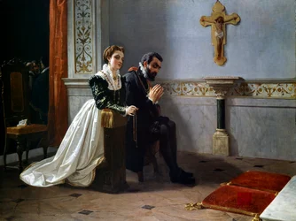 Bianca Cappello og Francois I de Medici (1541-1587) (Francesco Primo I de Medici) beder foran et krucifiks (olie på lærred)