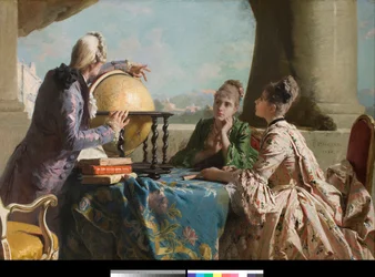 The Lecon of Geography To unge kvinder i det høje samfund og deres lærer viser dem en jordklode Maleri af Eleuterio Pagliano (1826-1903) 1880 Privat samling
