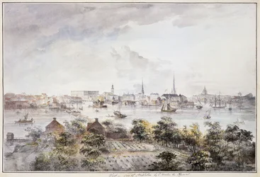 En udsigt over Stockholm fra Kungsholmen med det kongelige palads og Storkyrkan, Tyskakyrkan, Katarinakyrka og Riddarholmskyrkan,