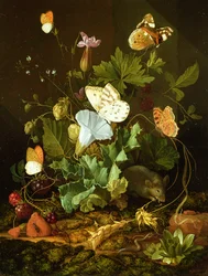 Stilleben af en skovbund med blomster, en mus og sommerfugle