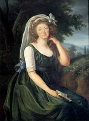 Portræt af Jeanne Becu, grevinde (eller Madame) du Barry (1743-1793), kurtisane og elskerinde til Ludvig XV, i Louveciennes i en alder af 46 år. Maleri af Marie Elisabeth Louise Vigée Le Brun (eller Vigée-Lebrun eller Vigée Lebrun) (1755-1842). September