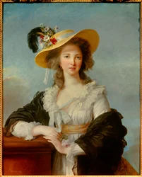 Portræt af Yolande Gabrielle Martine de Polastron, hertuginde af Polignac (1749-1793), med stråhat, 1782, 0,92 x 0,73 m