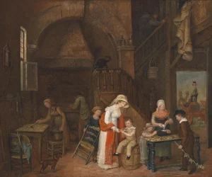 Besøg hos kagebageren, utydeligt signeret (på bordet), dateret M. E. De Latour 1822