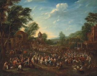 En landsbykermesse med folk, der danser og morer sig