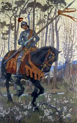 En ridder i rustning rejser gennem skoven, illustration fra 