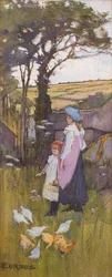 Feeding the Chickens (Pastel og akvarel på karton)