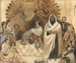 En Brit Milah i Tanger, 1838 (wc & kropsfarve på papir, belagt med farvet glas)