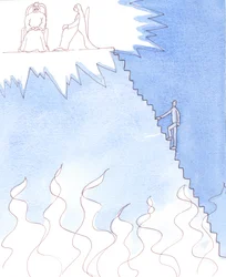 En person i dødssynd, der nægter at opgive sine onde veje, er halvvejs nede ad trappen, der fører til Helvede, 2005 (akvarel på papir)