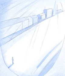 Et menneskes liv strækker sig fremad, som en tom gade, klar til at Guds herlige bygninger kan opstå (hvis en person ikke rejser hegn eller har private ambitioner), 2001 (w/c på papir)