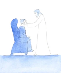 Efter skriftemålet: Kristus tog mit ansigt i sine hænder og sagde til mig: "Godt gjort"! På denne måde viste han sin glæde over mit oprigtige skriftemål denne morgen i bodssakramentet, 2005 (akvarel på papir).