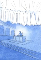 Alle, der beder oprigtige bønner under messeofferet, beder gennem Kristus og med himlens hellige, 2002 (w/c på papir)