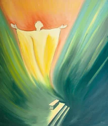 Et offer af uendelig værdi stiger op fra alteret ved hver messe, da Jesus bønfalder til Faderen på vores vegne, 2001 (olie om bord)