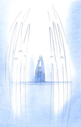 Engle omgiver Kristus, da han viser sig, skjult i værten, iblandt os; hver troshandling, vi tilbyder, trækker os tættere på himlen, 2002 (w/c på papir)