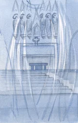 Engle tilbeder overalt hvor Kristus er til stede, mørke eller kulde ikke modstå., 2001 (w/c på papir)