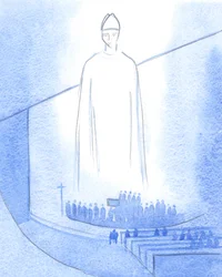 Da en ny præsts hænder blev salvet ("Må Jesus bevare dig?"), stod Kristus, klædt som vores biskop, i helligdommen, 2001 (w/c på papir)