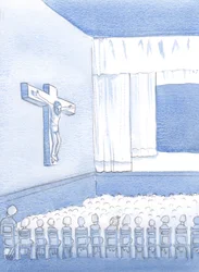 Som et ikke-katolsk barn i en katolsk skole plejede jeg at se på figuren på korset, og undrede mig over, hvem han var, og hvorfor han var der, 2000 (w/c på papir)