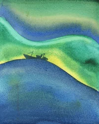 Som et skib på havet er omgivet af vand, så er vi helt omgivet og holdt oppe af Guds kærlighed - uanset om vi beder eller ej, og uanset om vi oplever hans tilstedeværelse eller ej, 2003 (w/c på papiret)