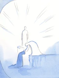 Som om hun bøjede sig fra en sokkel, rakte Vor Frue ud og strøg mig over hovedet. Hun glæder sig over dem, der taler med glæde om hende til andre, 2002 (w/c på papir)