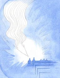 Ved den hellige nadver steg en stor flamme, som en pil, ned. Kristus var ankommet i sin Ånds kraft, Faderens liv, i sin egen kærlighed, 2001 (w/c på papir)