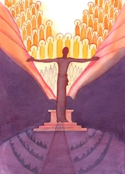 Ved messen er det, som om en gigantisk Kristus står ved alteret for at række ud og rive det slør, der skjuler himlen fra jorden, 2005 (akvarel på papir).